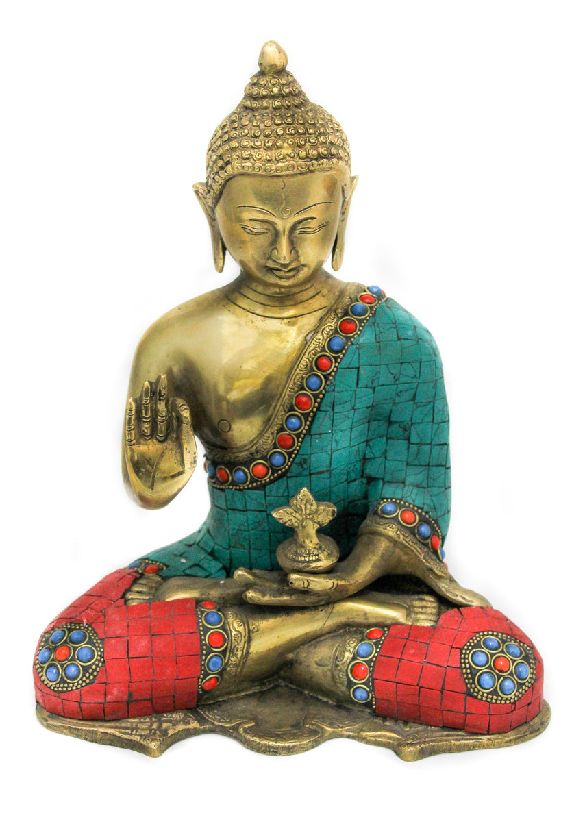 Brass Statue Idol Murti of Buddha in Blessing Colored Decoration - Taajoo