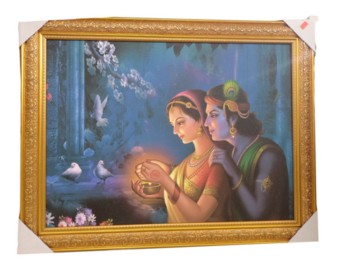 Radha Krishna Painting in Night Scene Lighting Diya