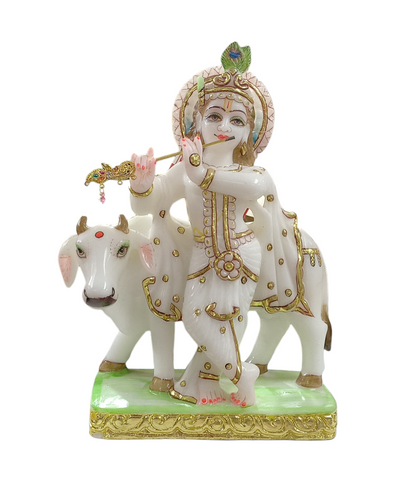 Makrana Marble Statue - Lord Krishna with Cow