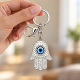 White Hamsa Hand Glass Evil Eye Keychain