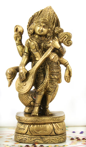 Saraswati with Peacock Brass Murti